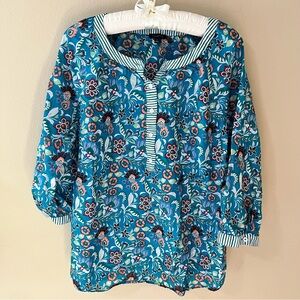 Talbots Band Collar Popover Shirt Womens Large Blouse Top Floral Turquoise